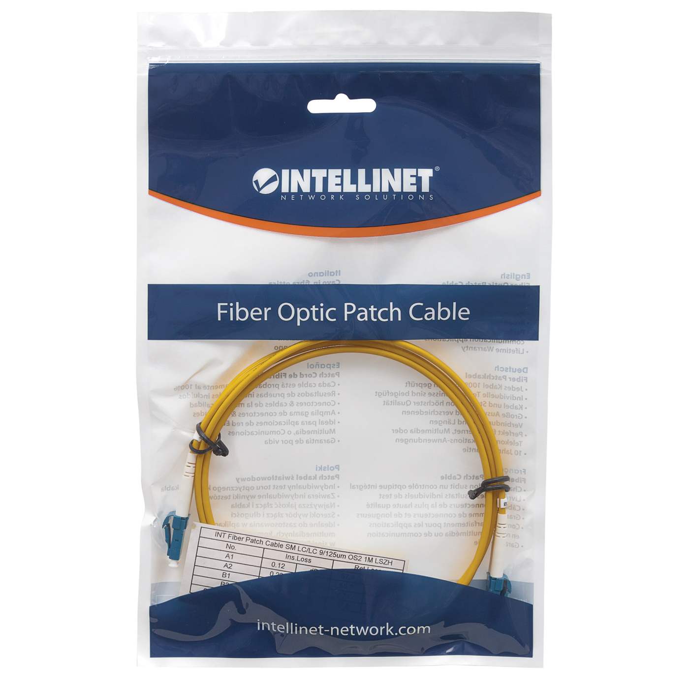 10 m LC to LC UPC Fiber Optic Patch Cable, 3.0 mm, Duplex, LSZH, OS2 Singlemode, Yellow Packaging Image 2