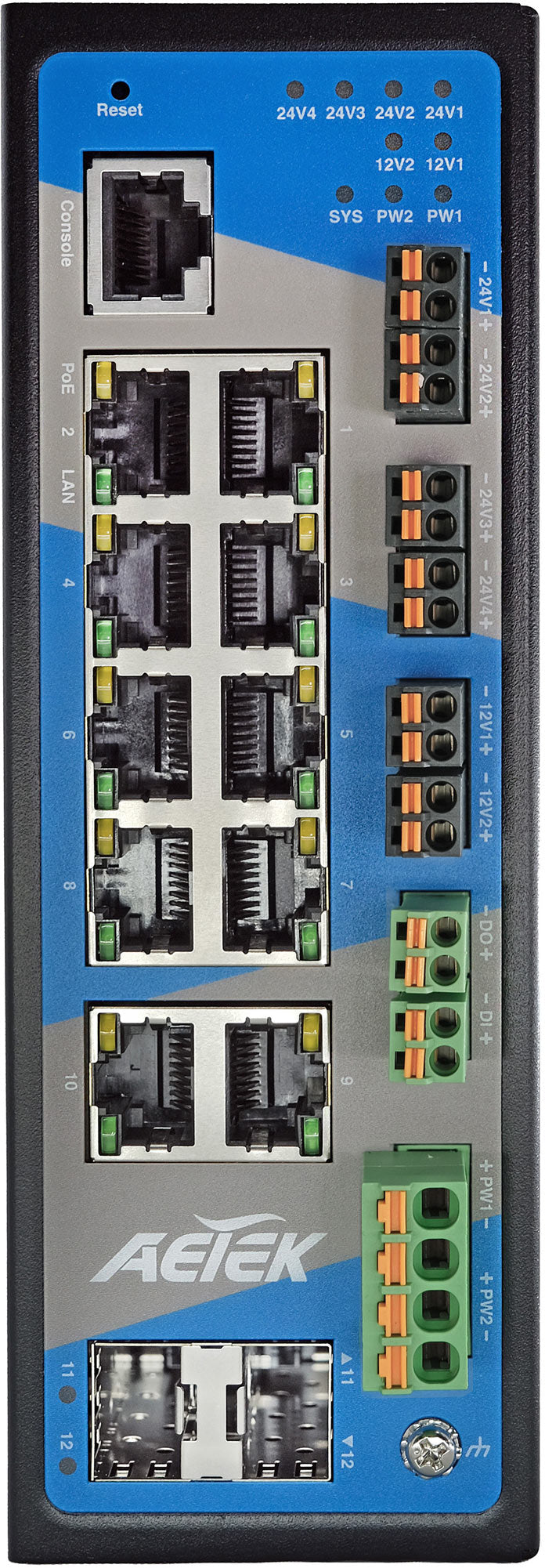 Industrial L2 Managed PRO 8-Port Gigabit PoE+ Switch with 2 SFP and 12V/24VDC Output, 12-48VDC Input | 240W
