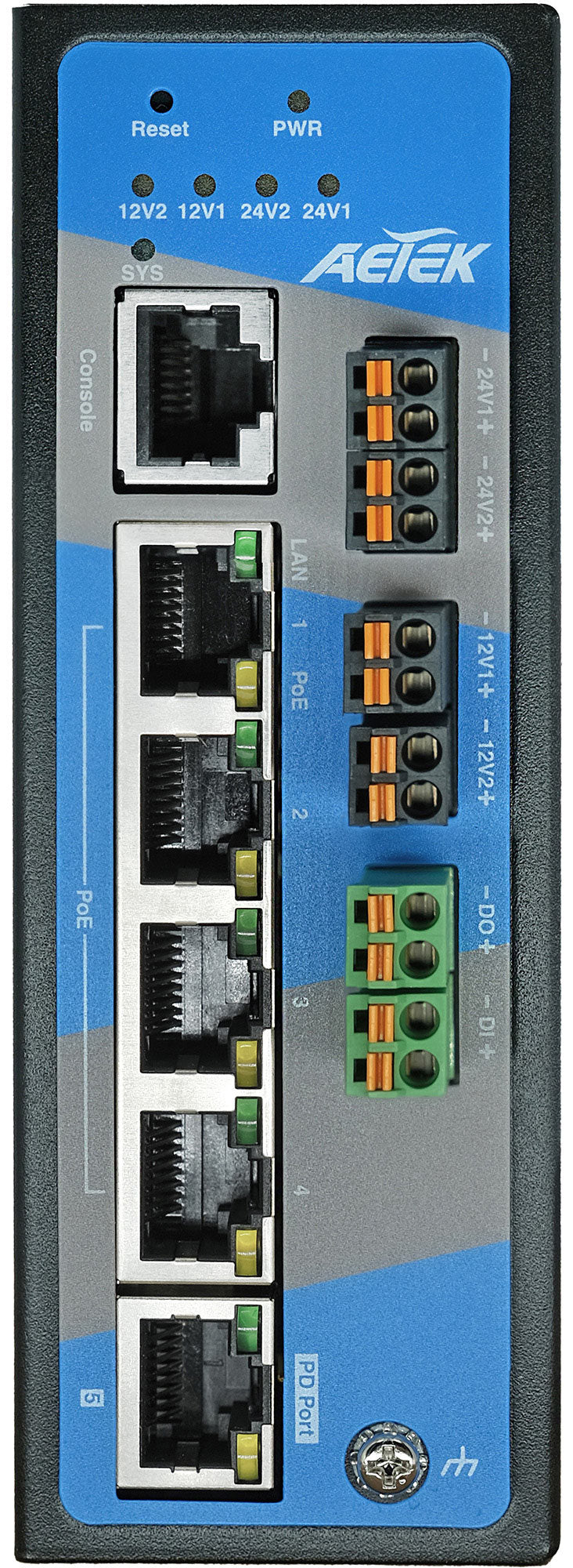 Industrial L2 Managed PRO 4-Port Gigabit PoE-Powered PoE+ Switch with 12V/24VDC Output, 90W PoE++ Input