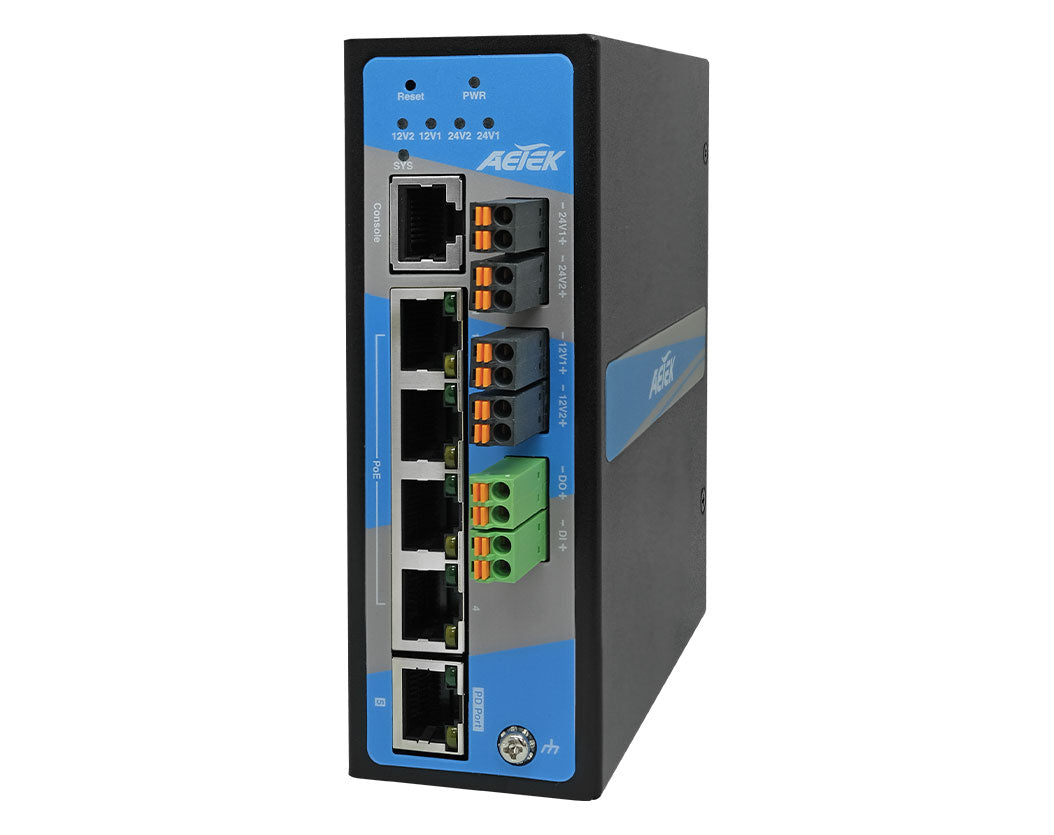Industrial L2 Managed PRO 4-Port Gigabit PoE-Powered PoE+ Switch with 12V/24VDC Output, 90W PoE++ Input