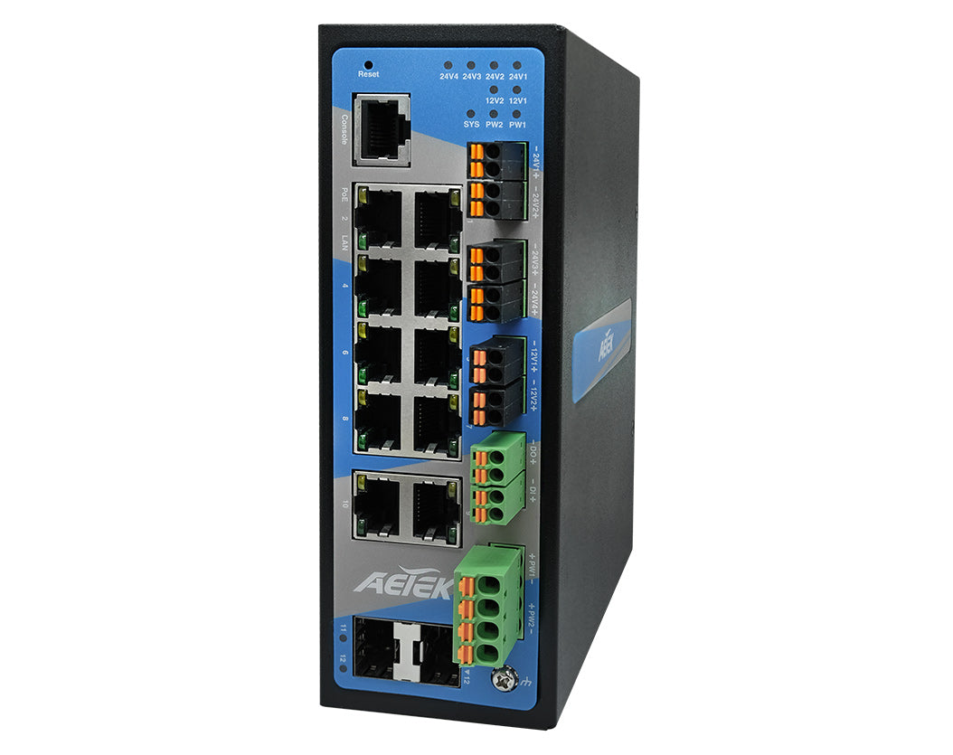 Industrial L2 Managed PRO 8-Port Gigabit PoE+ Switch with 2 SFP and 12V/24VDC Output, 12-48VDC Input | 240W