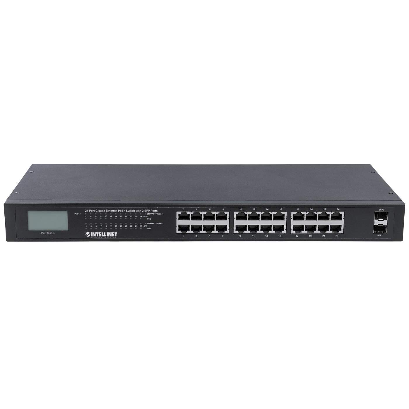 24-Port Gigabit Ethernet PoE+ Switch with 2 SFP Ports and LCD Screen Image 3