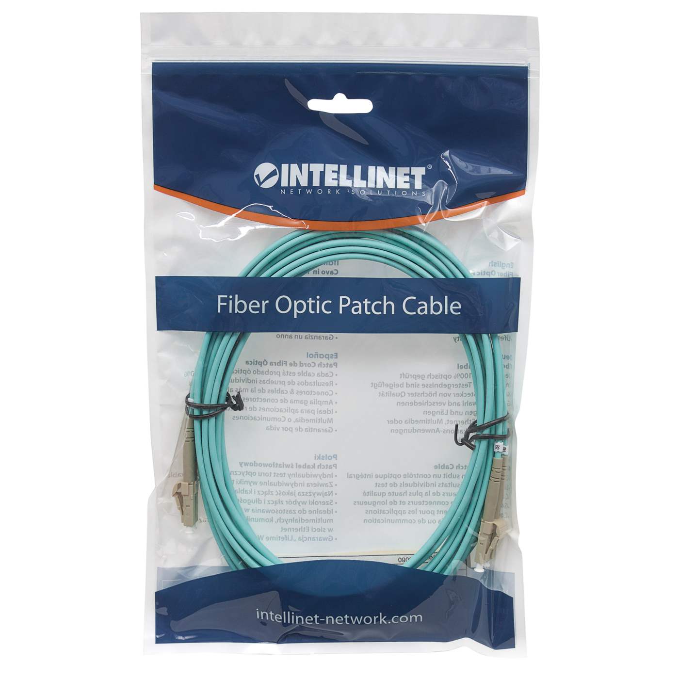 10 m LC to LC UPC Fiber Optic Patch Cable, 3.0 mm, Duplex, LSZH, OM3 Multimode, Aqua Packaging Image 2