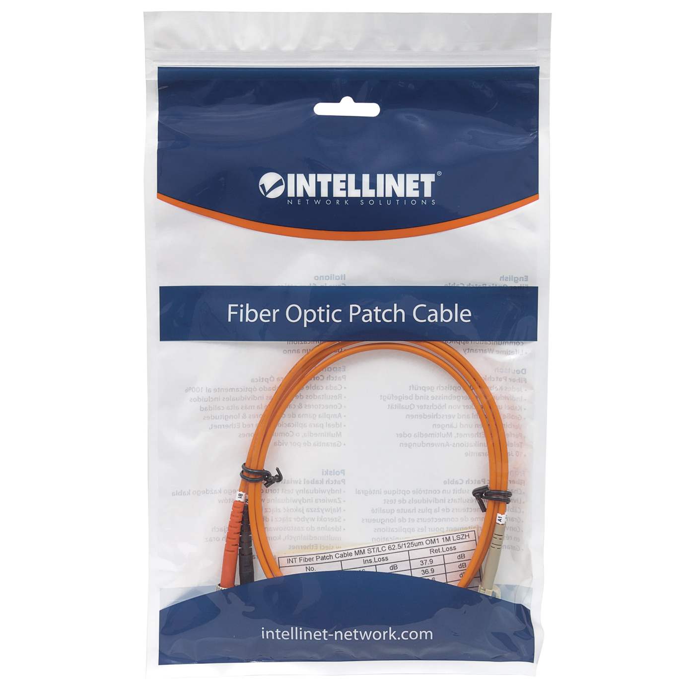 10 m LC to ST UPC Fiber Optic Patch Cable, 3.0 mm, Duplex, LSZH, OM1 Multimode, Orange Packaging Image 2