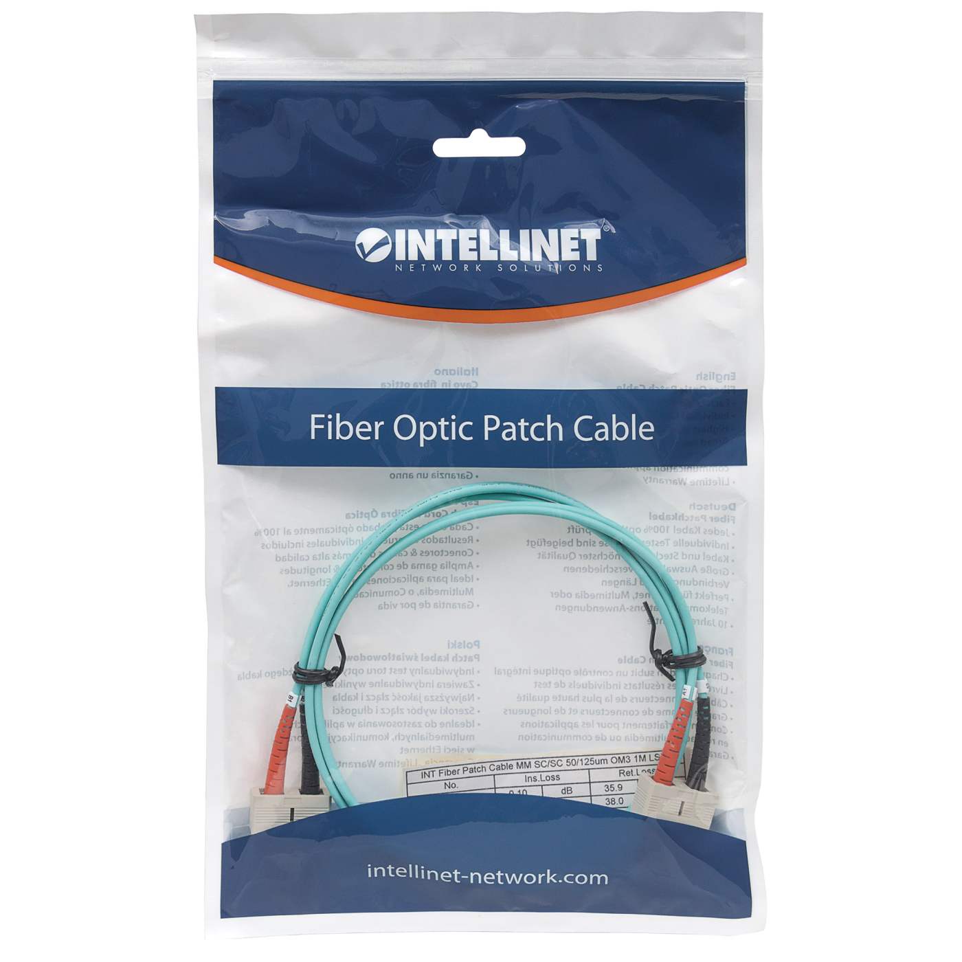 10 m SC to SC UPC Fiber Optic Patch Cable, 3.0 mm, Duplex, LSZH, OM3 Multimode, Aqua Packaging Image 2