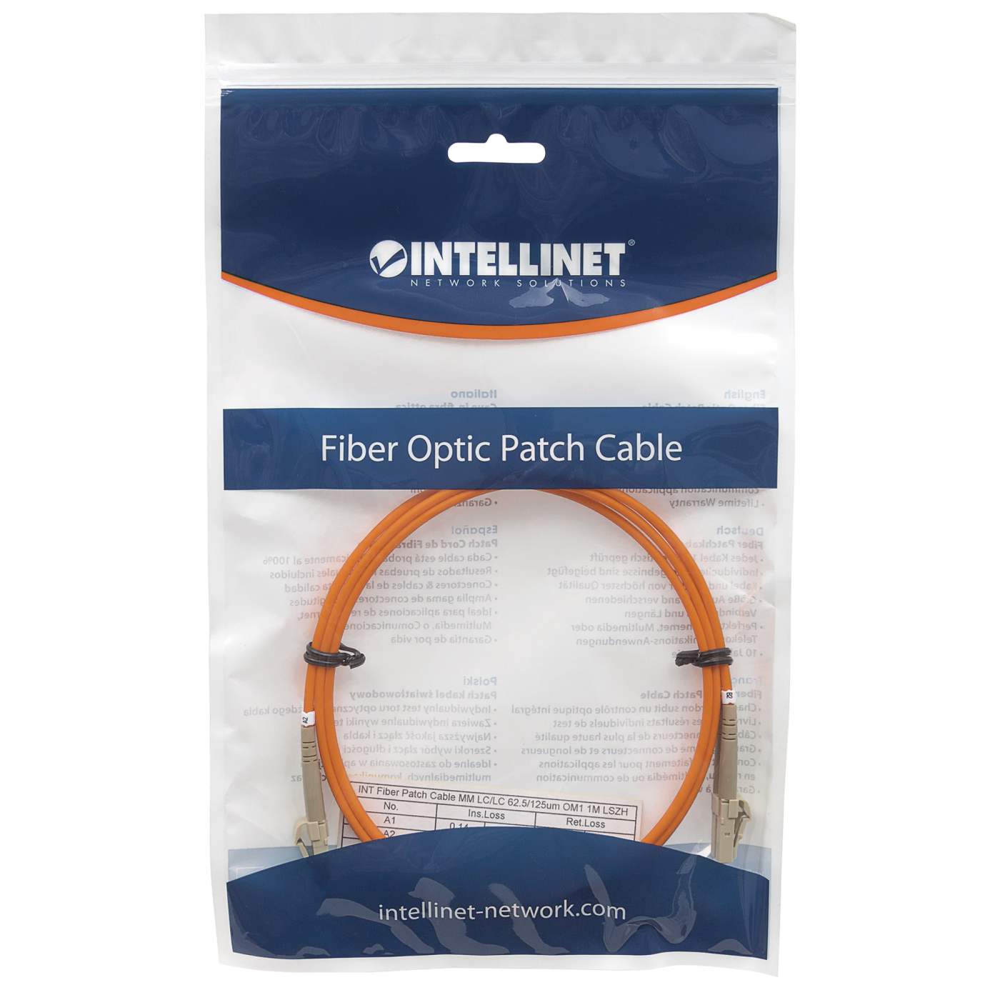 20 m LC to LC UPC Fiber Optic Patch Cable, 3.0 mm, Duplex, LSZH, OM1 Multimode, Orange Packaging Image 2