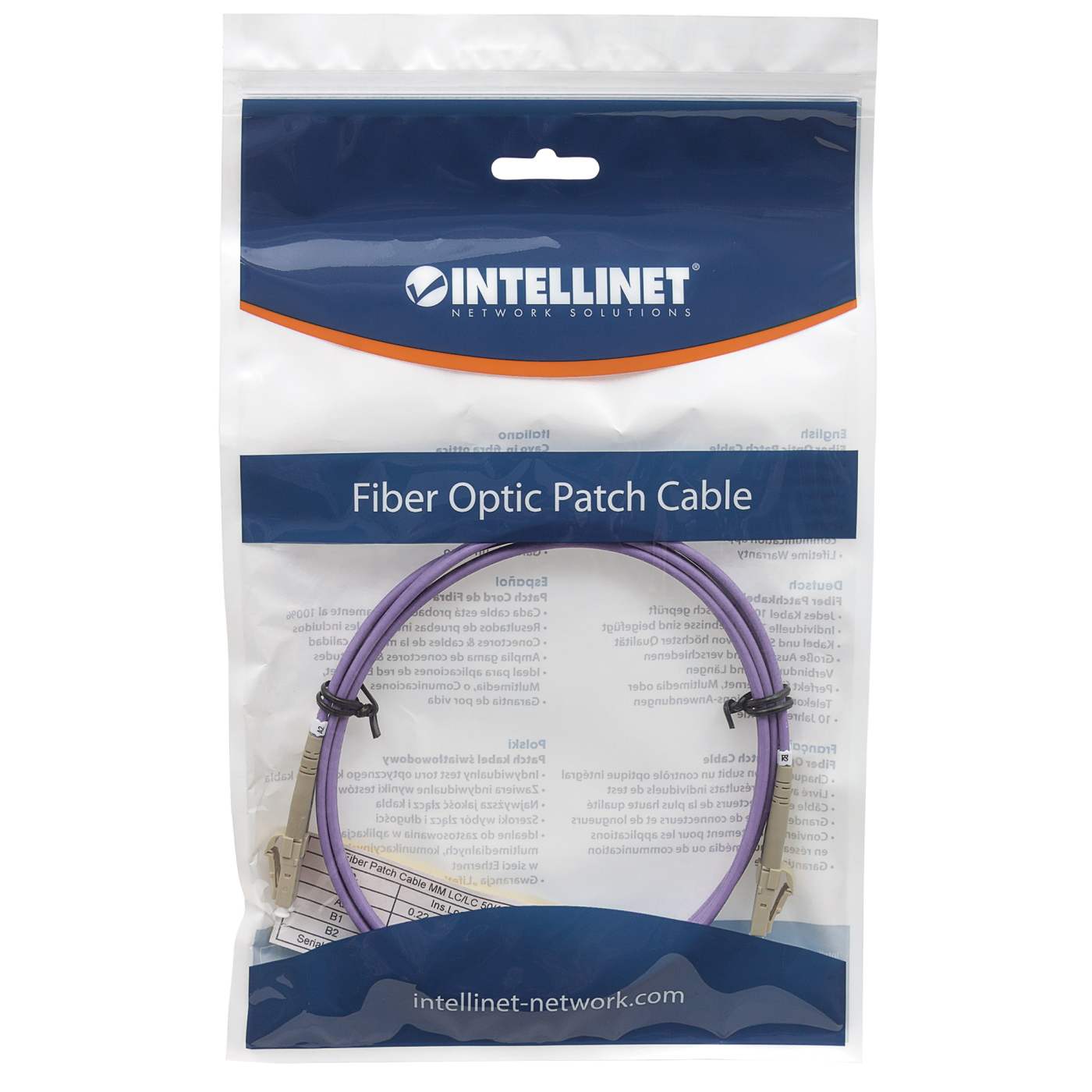 3 m LC to LC UPC Fiber Optic Patch Cable, 3.0 mm, Duplex, LSZH, OM4 Multimode, Violet Packaging Image 2