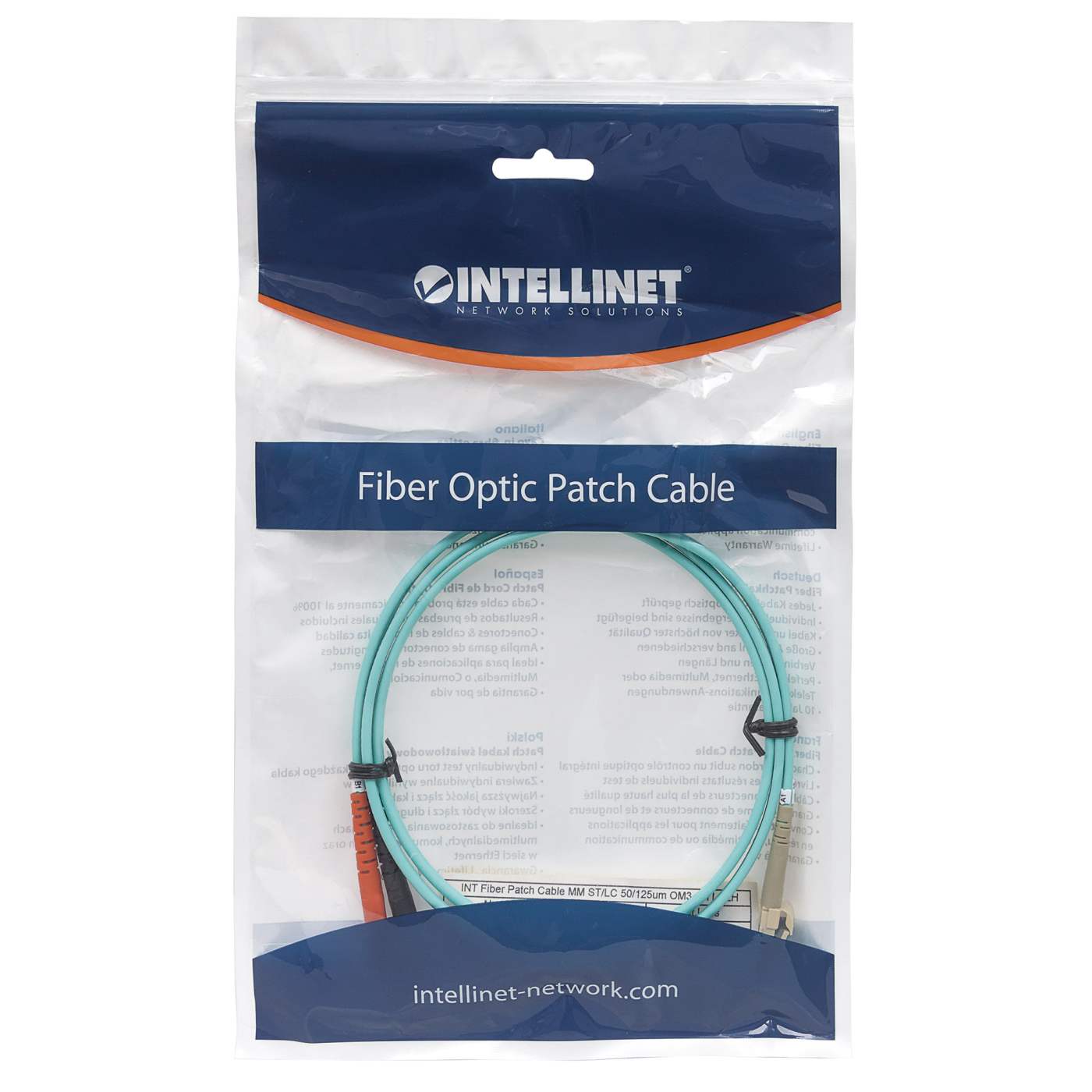 3 m LC to ST UPC Fiber Optic Patch Cable, 3.0 mm, Duplex, LSZH, OM3 Multimode, Aqua Packaging Image 2