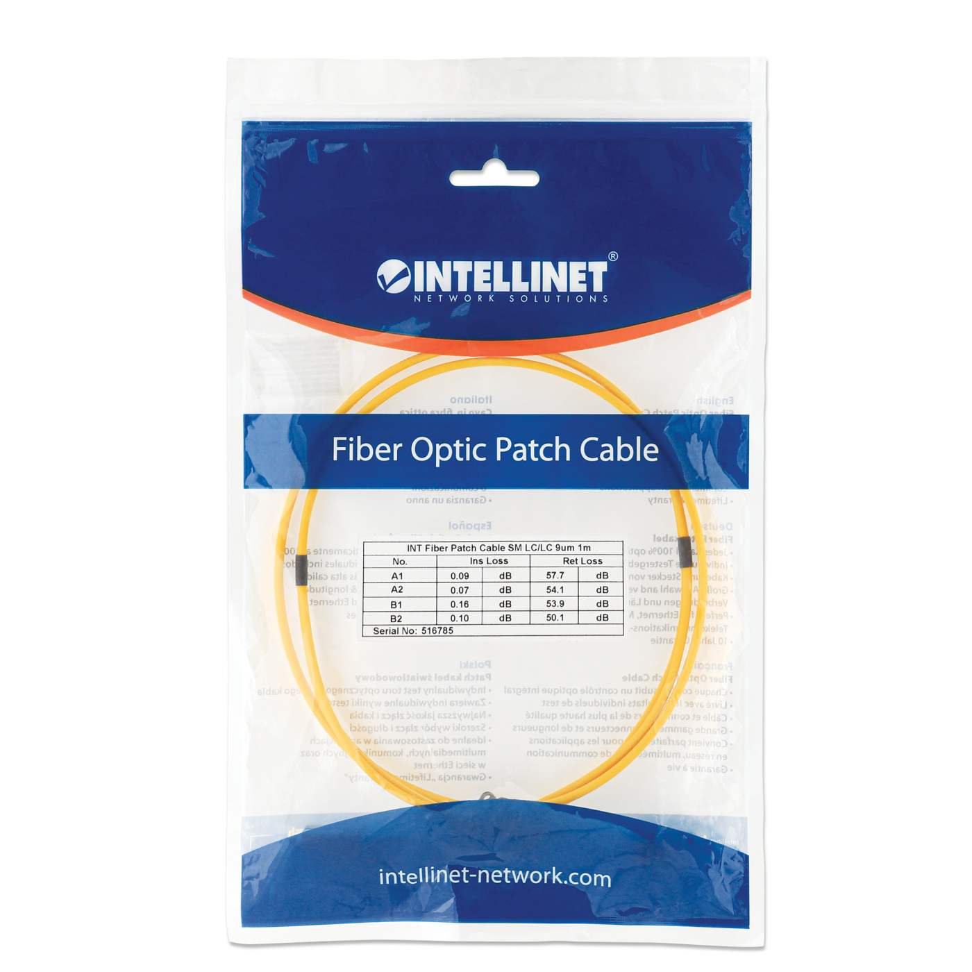 30 m LC to LC UPC Fiber Optic Patch Cable, 2.0 mm, Duplex, OFNR, Singlemode BIF, Yellow Packaging Image 2