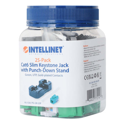 Cat6 Slim Keystone Jack with Punch-Down Stand, Green, 25-Pack Packaging Image 2