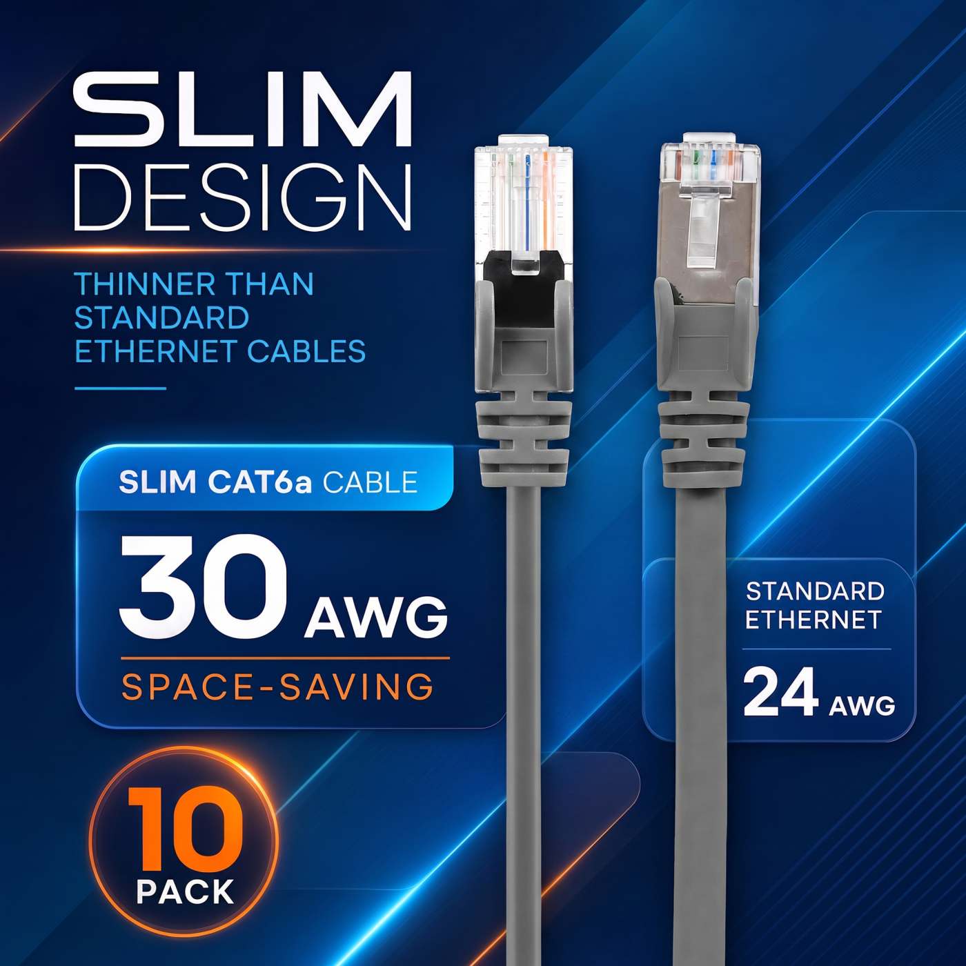 Cat6a U/UTP Slim Network Patch Cable, 1 ft., Grey, 10-Pack Image 3