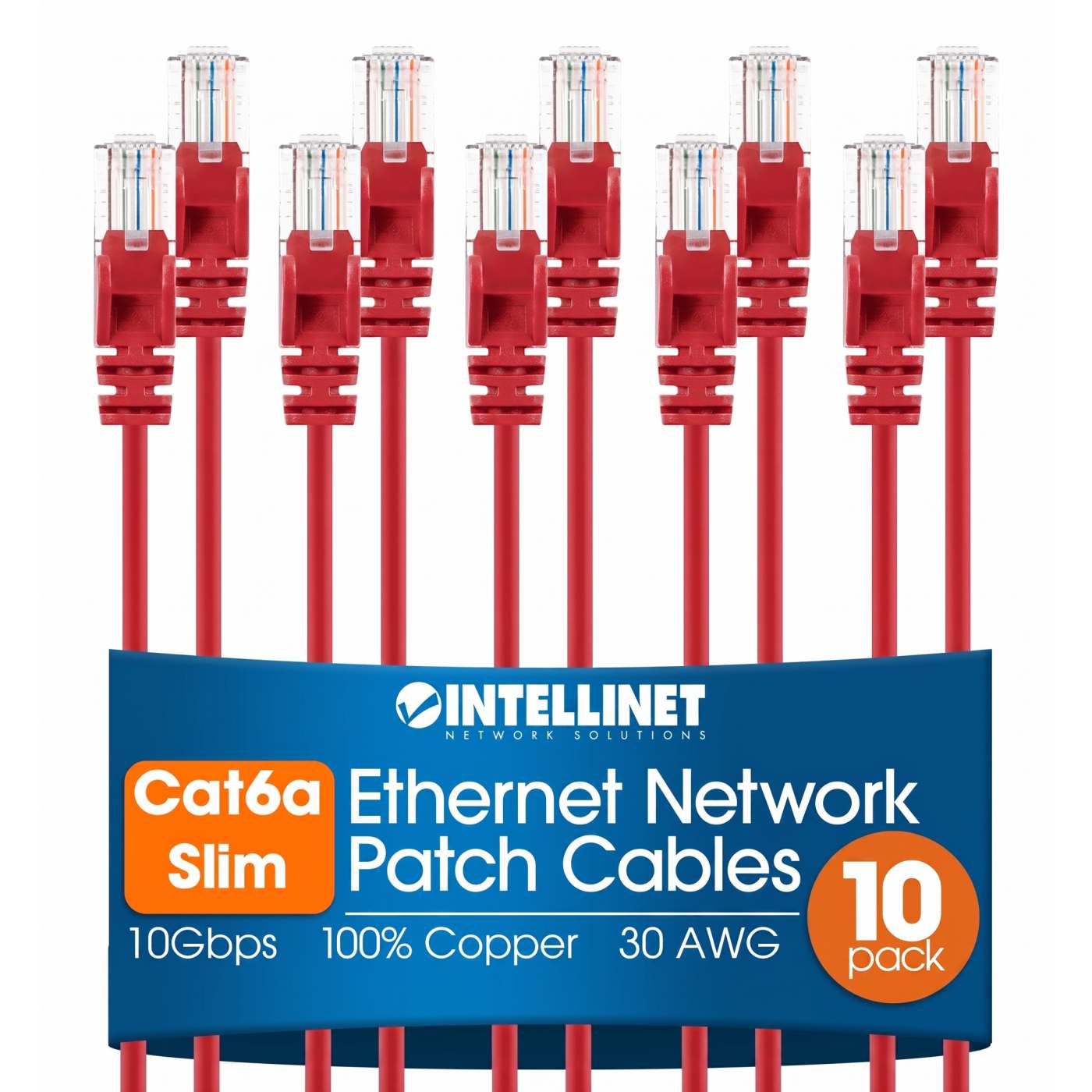 Cat6a U/UTP Slim Network Patch Cable, 1 ft., Red, 10-Pack Image 1