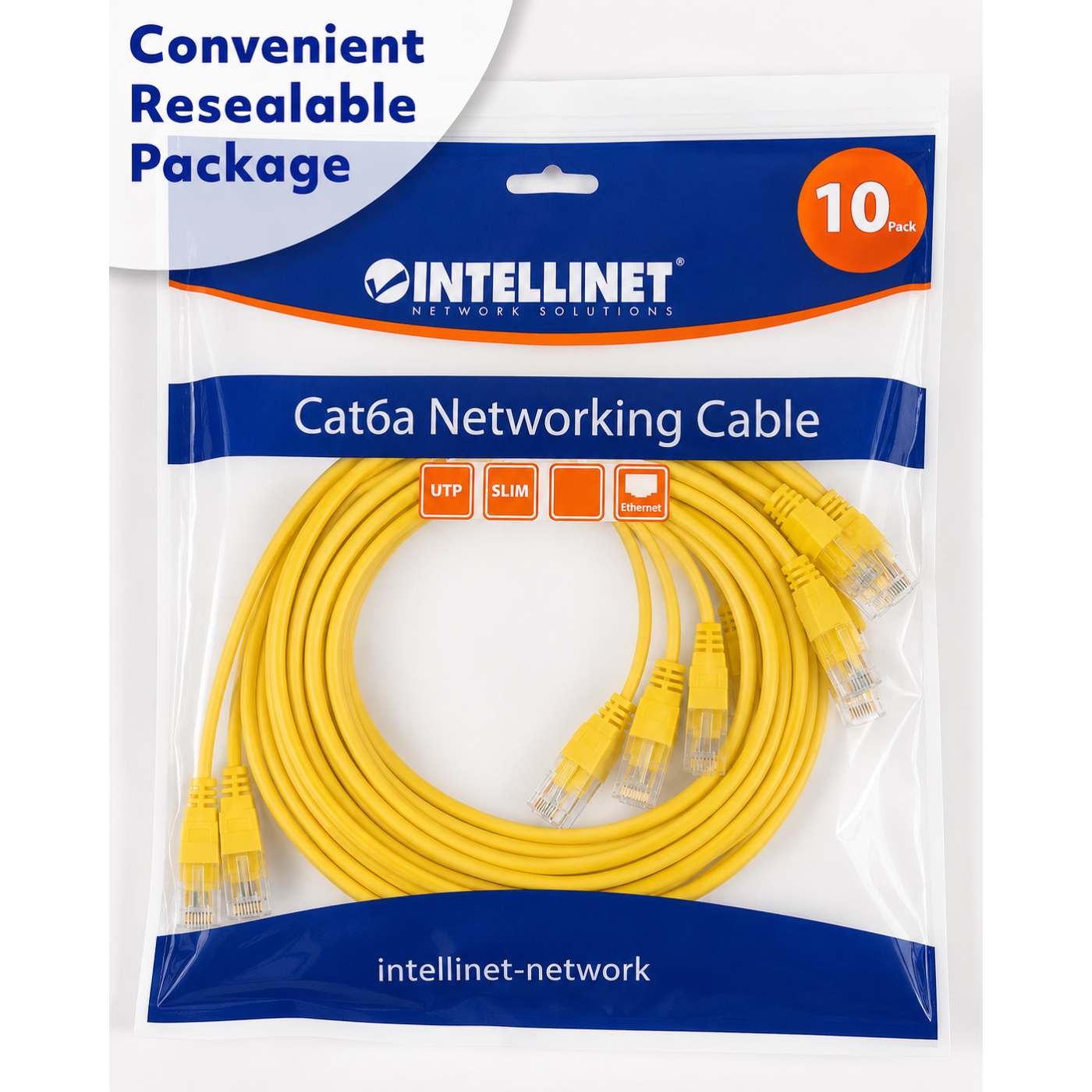 Cat6a U/UTP Slim Network Patch Cable, 1 ft., Yellow, 10-Pack Packaging Image 2