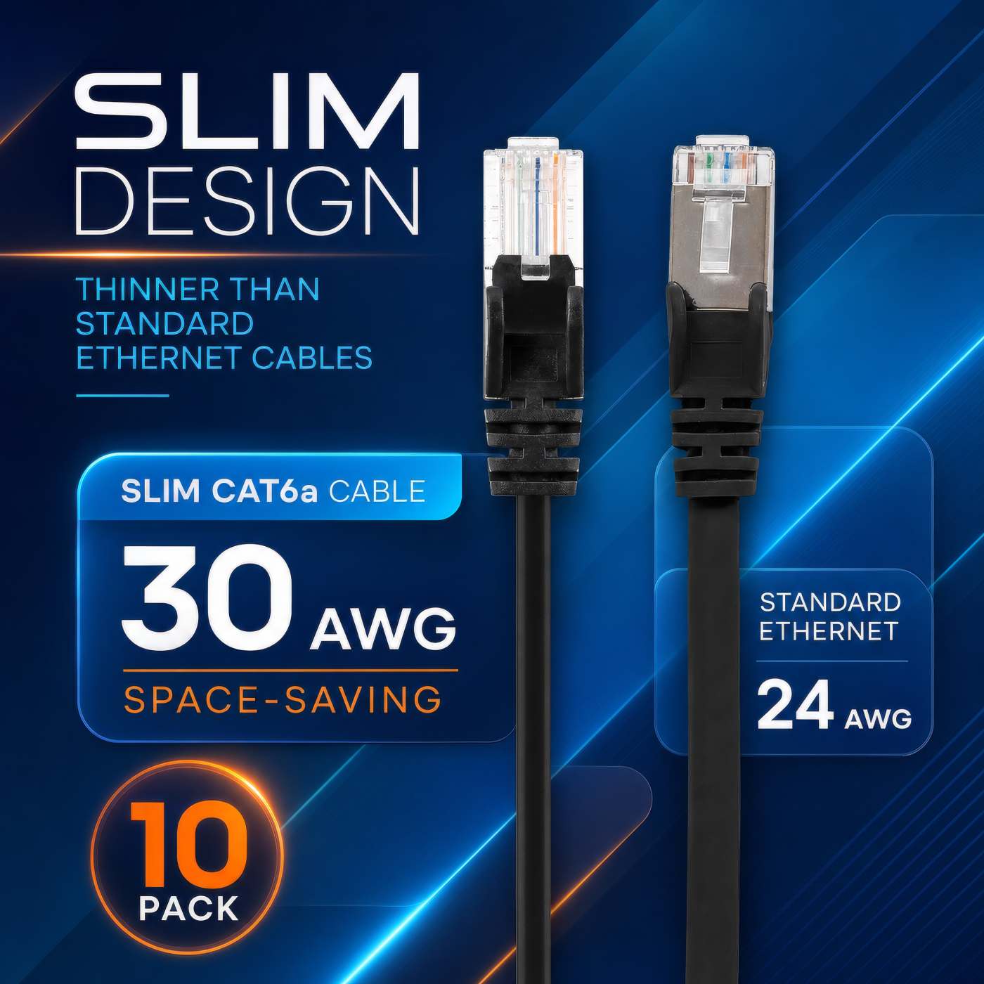 Cat6a U/UTP Slim Network Patch Cable, 10 ft., Black, 10-Pack Image 3