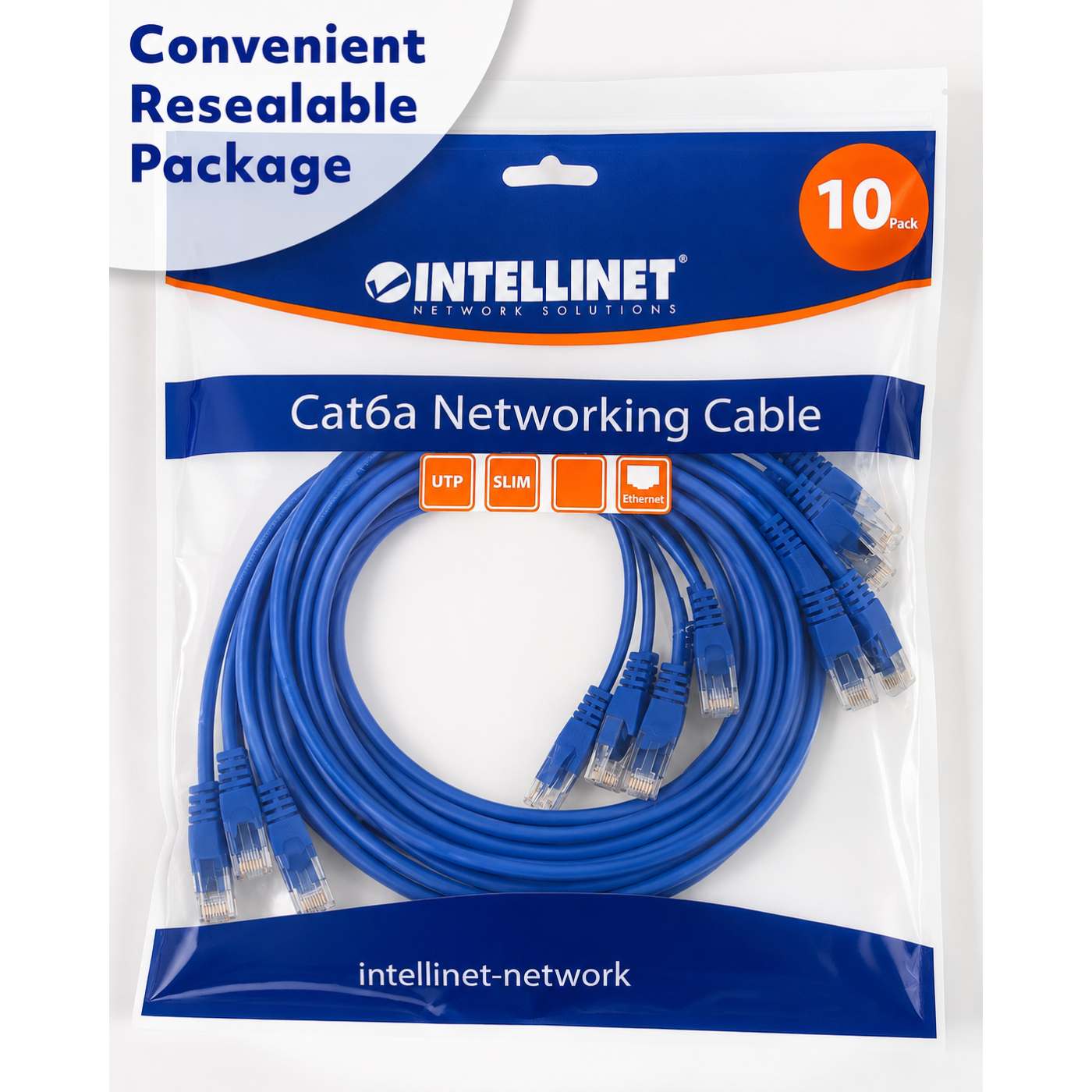 Cat6a U/UTP Slim Network Patch Cable, 14 ft., Blue, 10-Pack Packaging Image 2