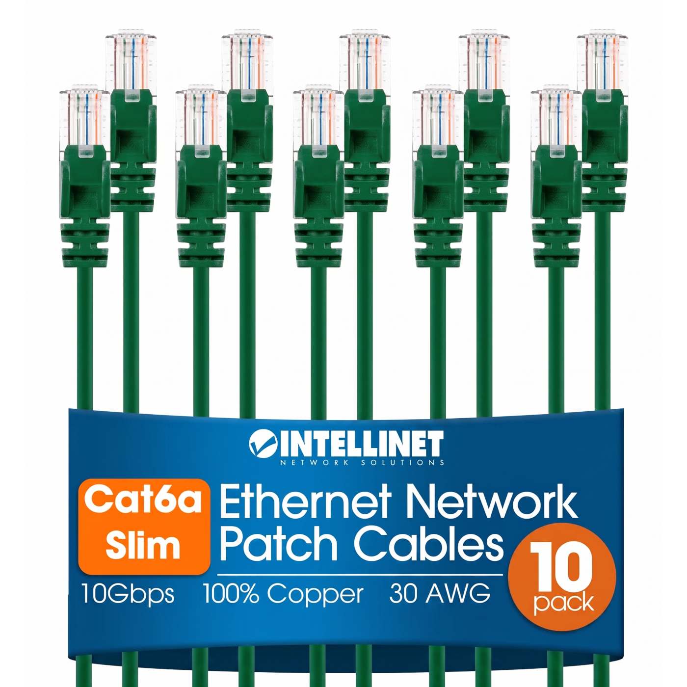Cat6a U/UTP Slim Network Patch Cable, 14 ft., Green, 10-Pack Image 1