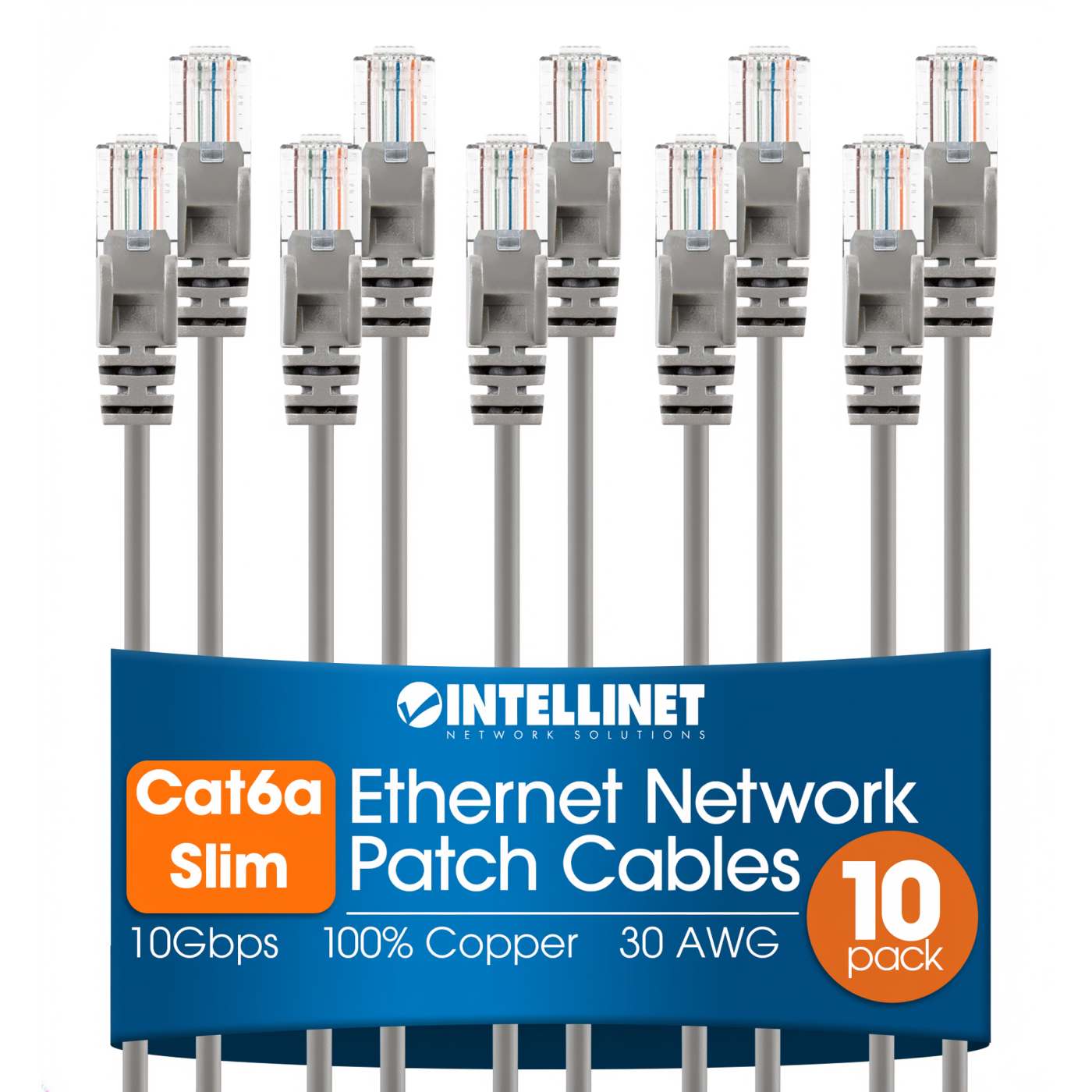 Cat6a U/UTP Slim Network Patch Cable, 14 ft., Grey, 10-Pack Image 1