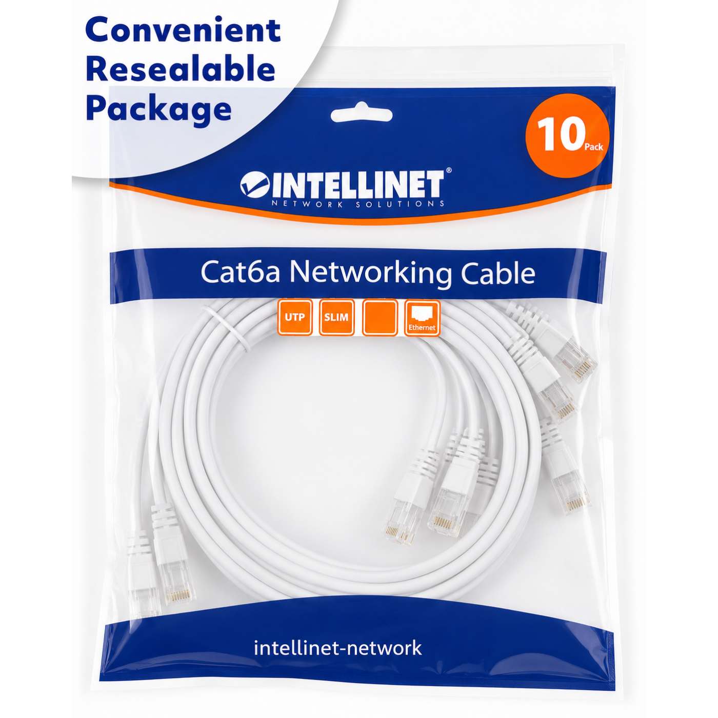 Cat6a U/UTP Slim Network Patch Cable, 3 ft., White, 10-Pack Packaging Image 2