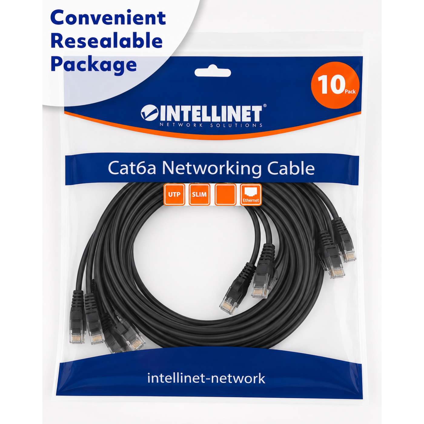 Cat6a U/UTP Slim Network Patch Cable, 5 ft., Black, 10-Pack Packaging Image 2