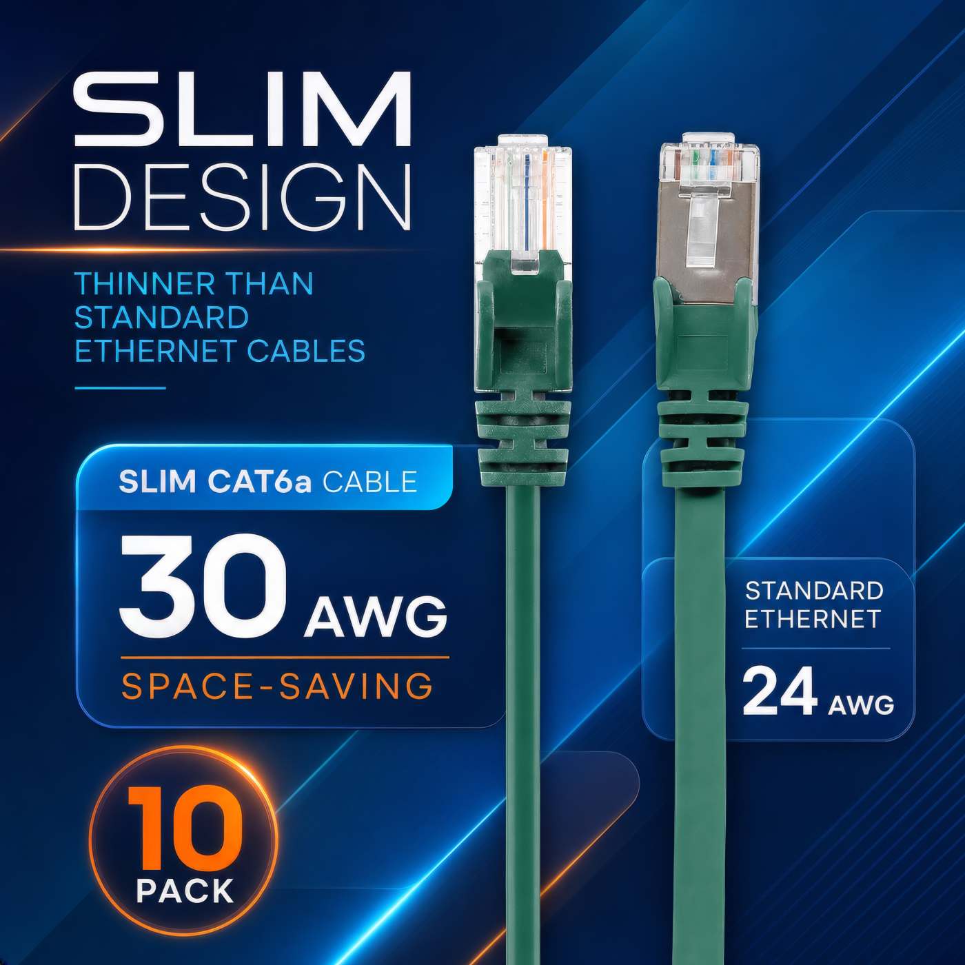 Cat6a U/UTP Slim Network Patch Cable, 7 ft., Green, 10-Pack Image 3