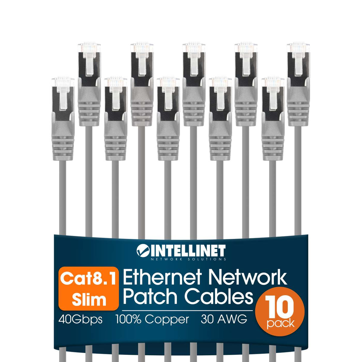 Cat8.1 U/FTP Slim Network Patch Cable, 10 ft., Gray, 10-Pack Image 1