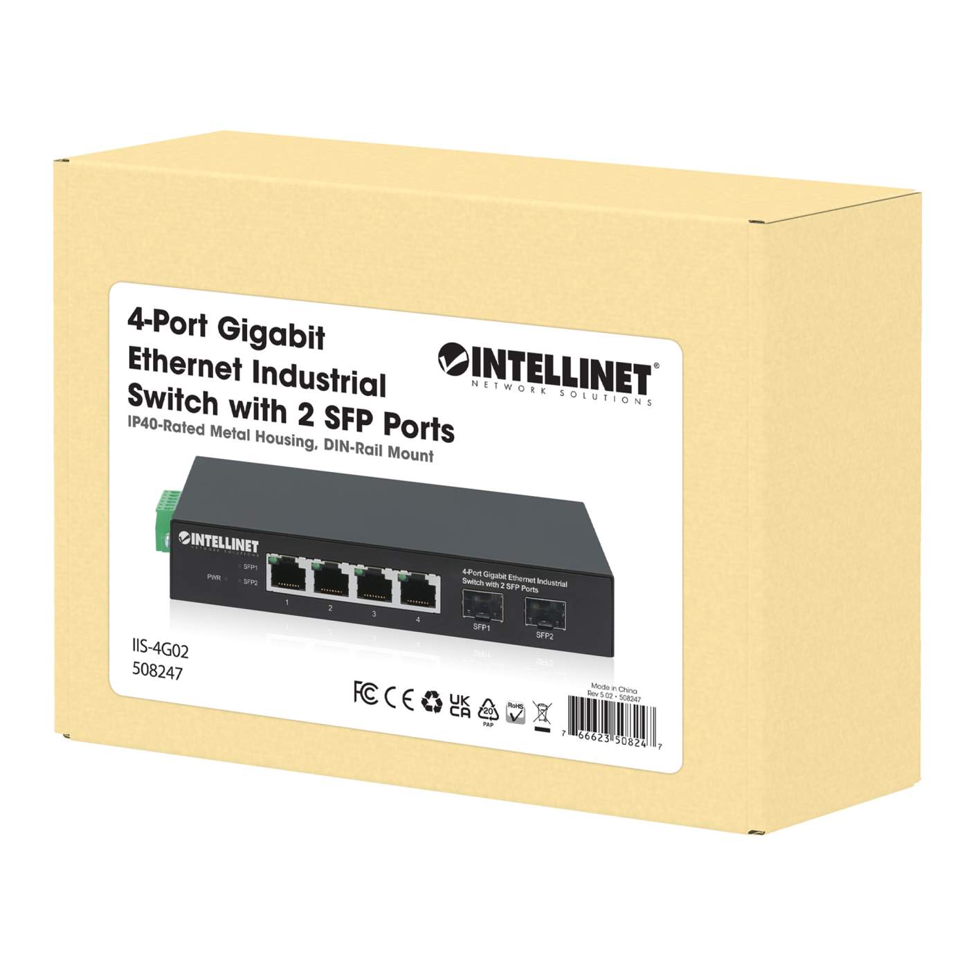 Industrial 4-Port Gigabit Ethernet Switch with 2 SFP Ports Packaging Image 2