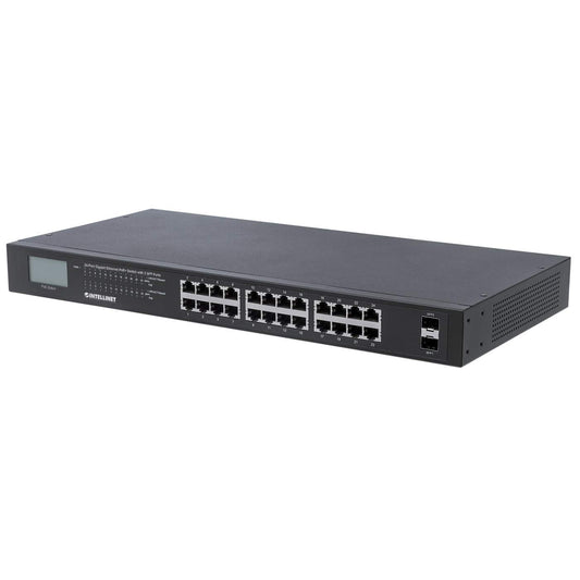 24-Port Gigabit Ethernet PoE+ Switch with 2 SFP Ports and LCD Screen Image 1